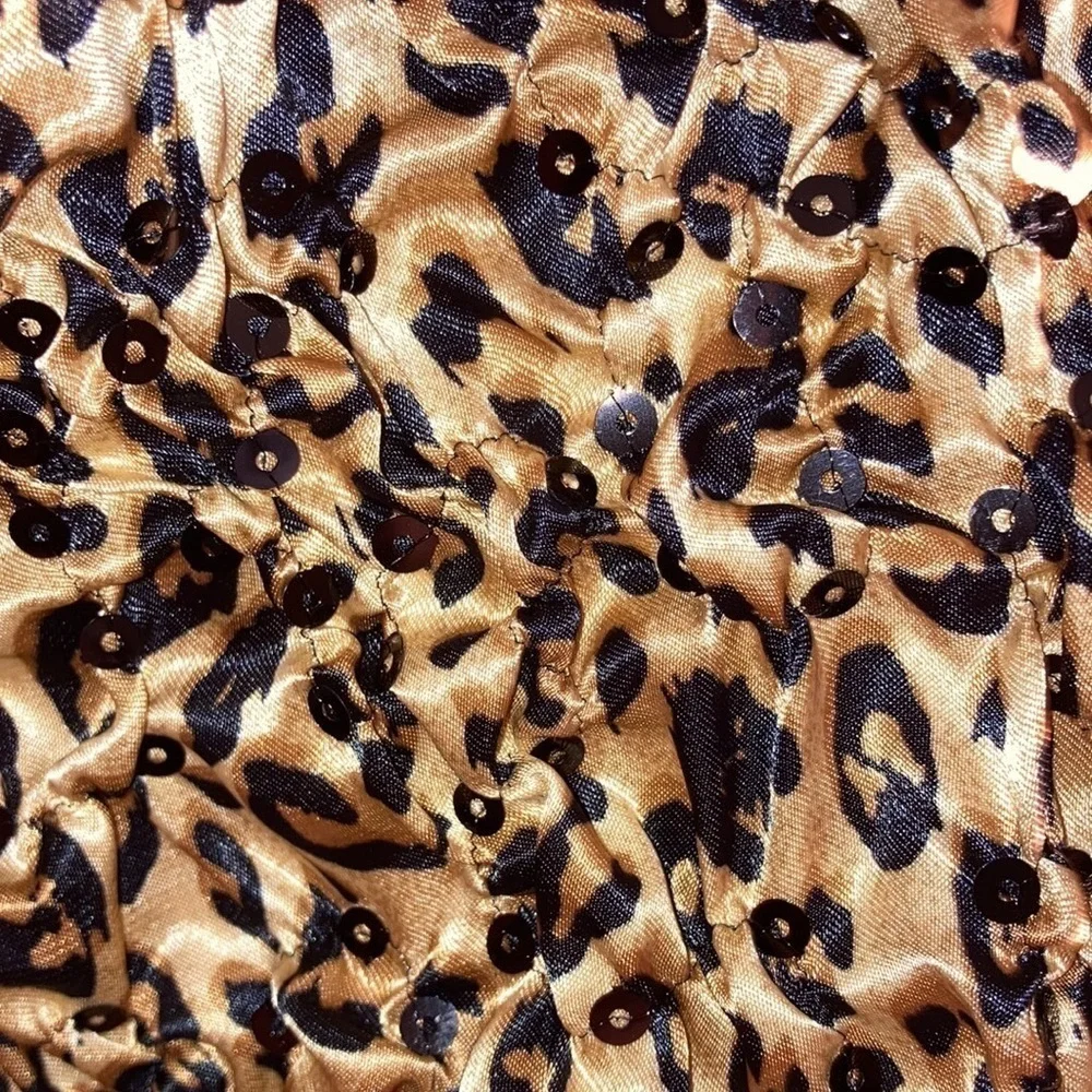 MSK Leopard Crimp Satin Sequin Zip Front Jacket M Beige Black